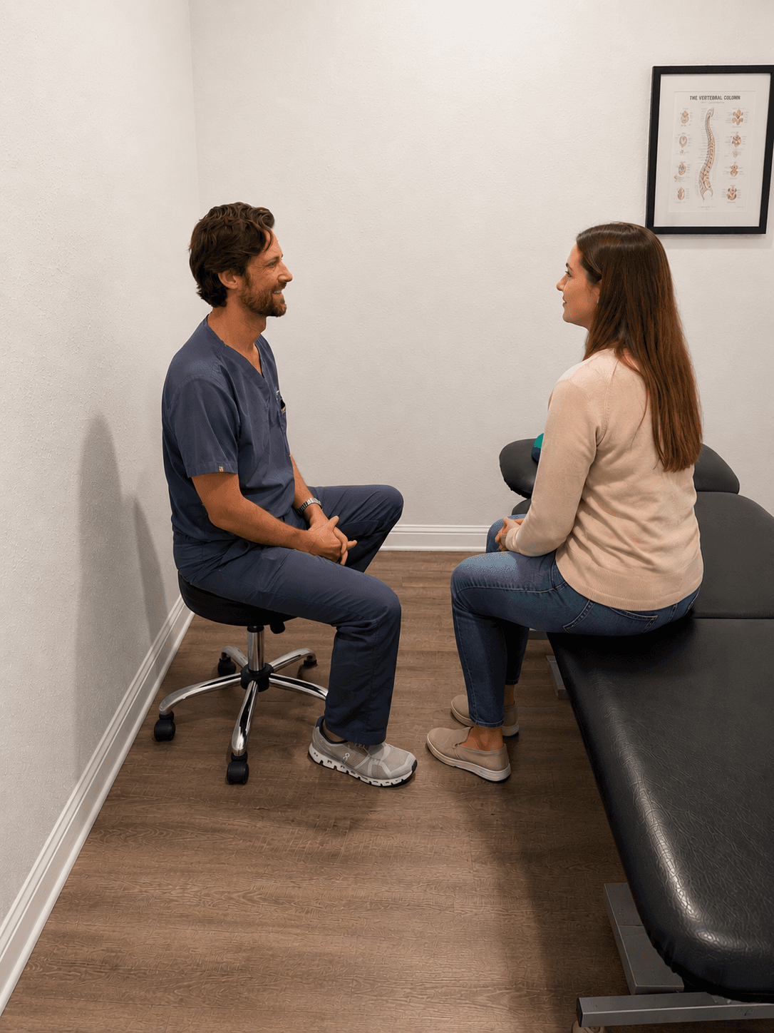 Shawn D. Johnston, D.C., listening to a patient during a consultation at Relief Plus