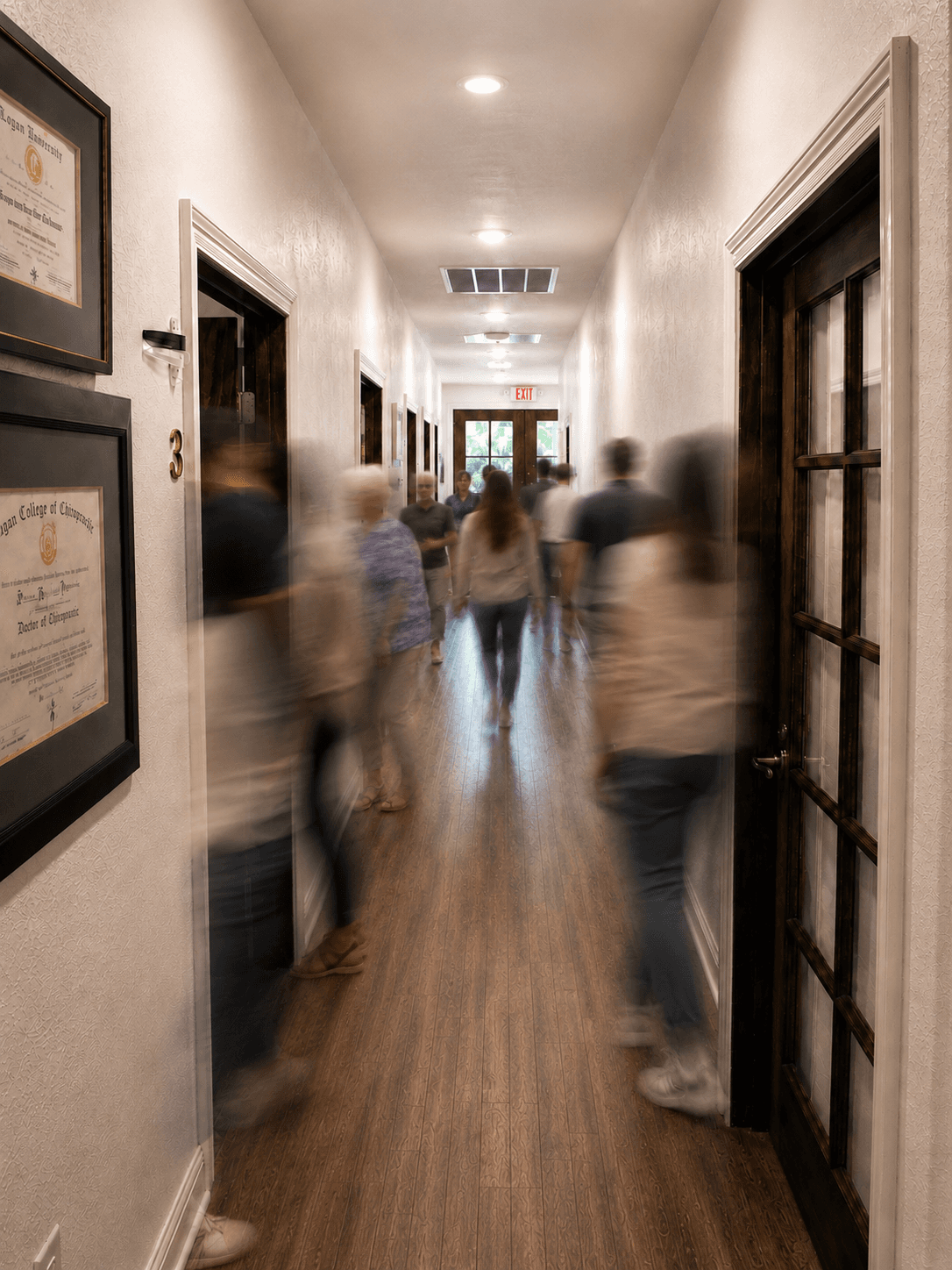 Patients and clinic staff moving through the Relief Plus hallway